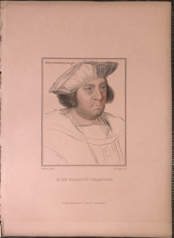 Portrait of Sir Henry Guldeford by Hans Holbein 1828: This stipple engraving is from Portraits of Illustrious Personages of the Court of Henry VIII: Engraved in Imitation of the Original Drawings of Hans Holbein, in the Collection of His Majesty. With a