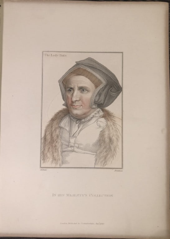 Portrait of Lady Butts by Hans Holbein 1828: This stipple engraving is from Portraits of Illustrious Personages of the Court of Henry VIII: Engraved in Imitation of the Original Drawings of Hans Holbein, in the Collection of His Majesty. With a