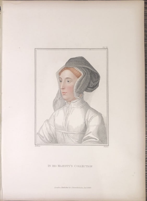 Portrait of Unknown Lady by Hans Holbein 1828: This stipple engraving is from Portraits of Illustrious Personages of the Court of Henry VIII: Engraved in Imitation of the Original Drawings of Hans Holbein, in the Collection of His Majesty. With a
