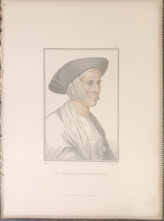 Portrait of Unknown Lady by Hans Holbein 1828: This stipple engraving is from Portraits of Illustrious Personages of the Court of Henry VIII: Engraved in Imitation of the Original Drawings of Hans Holbein, in the Collection of His Majesty. With a