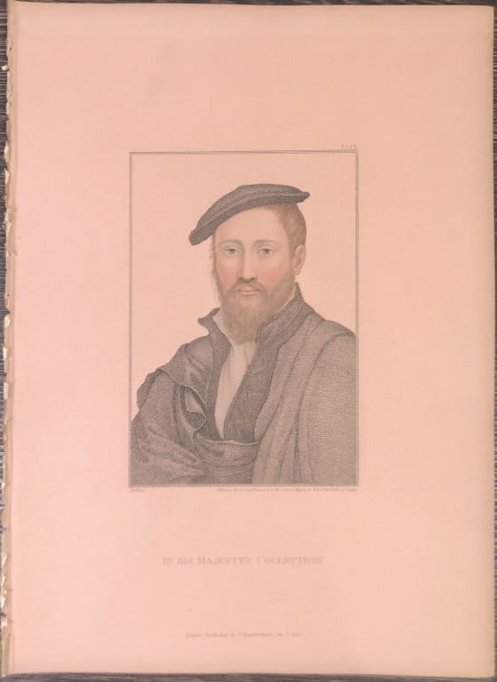 Portrait of Unknown Gentleman by Hans Holbein 1828: This stipple engraving is from Portraits of Illustrious Personages of the Court of Henry VIII: Engraved in Imitation of the Original Drawings of Hans Holbein, in the Collection of His Majesty. With a