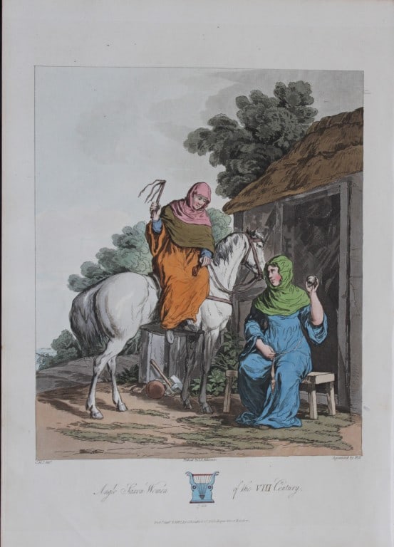 CH Smith - Anglo-Saxon Women of the 8th Century 1814: This hand-coloured aquatint is from Selections of the Ancient Costume of Great Britain and Ireland From the Seventh to the Sixteenth Century by Charles Hamilton Smith. Published in London by William B