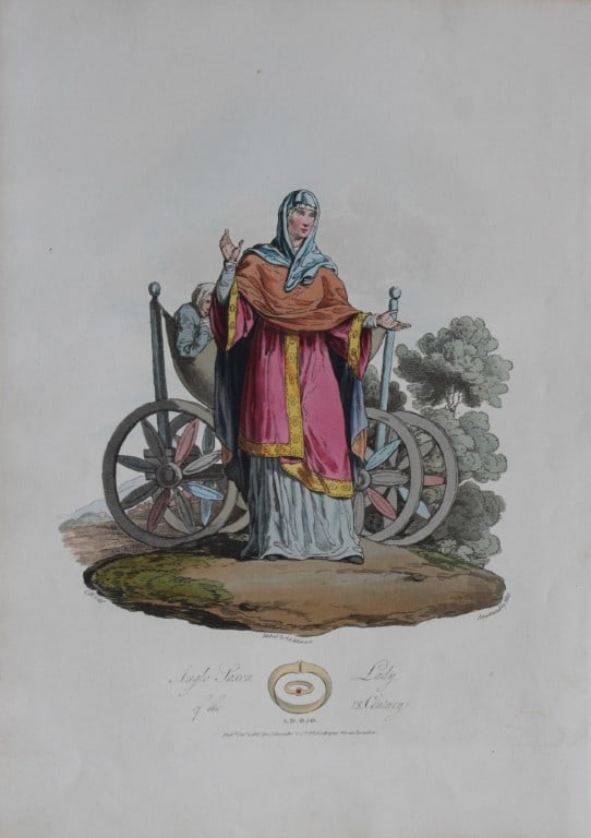 CH Smith - Anglo-Saxon Women of the 9th Century 1814: This hand-coloured aquatint is from Selections of the Ancient Costume of Great Britain and Ireland From the Seventh to the Sixteenth Century by Charles Hamilton Smith. Published in London by William B