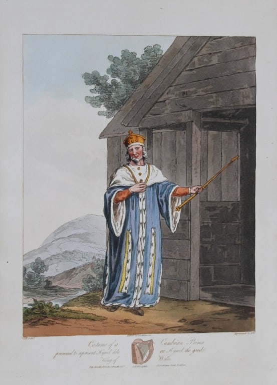 CH Smith - A Cambrian Prince of the 10th Century 1814: This hand-coloured aquatint is from Selections of the Ancient Costume of Great Britain and Ireland From the Seventh to the Sixteenth Century by Charles Hamilton Smith. Published in London by William B