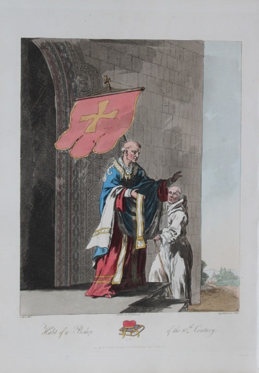 CH Smith - A Bishop and a Monk of the 10th Century 1814: This hand-coloured aquatint is from Selections of the Ancient Costume of Great Britain and Ireland From the Seventh to the Sixteenth Century by Charles Hamilton Smith. Published in London by William B