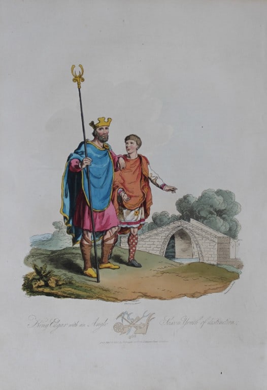 CH Smith - King Edgar and a Youth 1814: This hand-coloured aquatint is from Selections of the Ancient Costume of Great Britain and Ireland From the Seventh to the Sixteenth Century by Charles Hamilton Smith. Published in London by William B