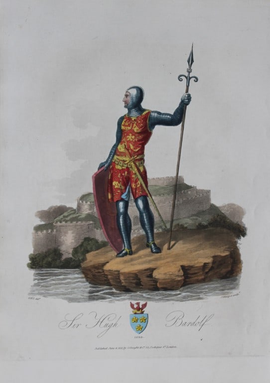 CH Smith - Sir Hugh Bardolph 1814: This hand-coloured aquatint is from Selections of the Ancient Costume of Great Britain and Ireland From the Seventh to the Sixteenth Century by Charles Hamilton Smith. Published in London by William B