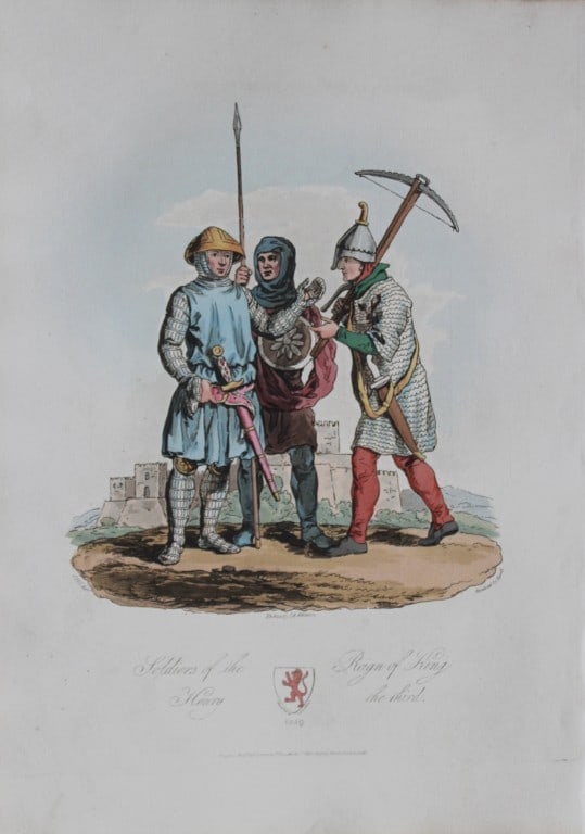 CH Smith - Soldiers of the Reign of King Henry III 1814: This hand-coloured aquatint is from Selections of the Ancient Costume of Great Britain and Ireland From the Seventh to the Sixteenth Century by Charles Hamilton Smith. Published in London by William B