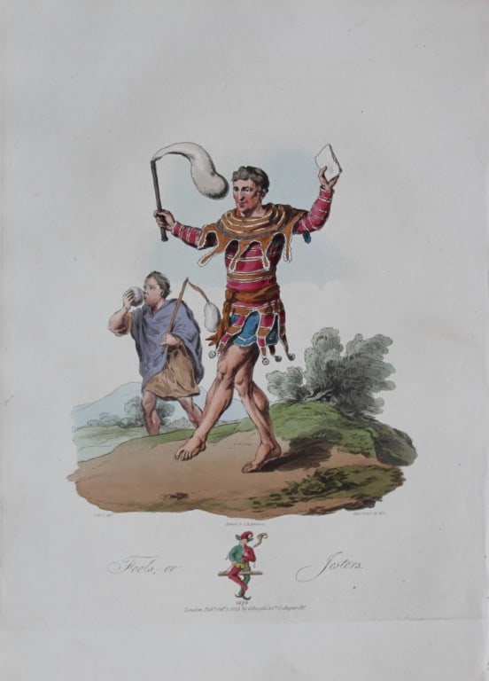 CH Smith - Fools or Jesters of 13th Century 1814: This hand-coloured aquatint is from Selections of the Ancient Costume of Great Britain and Ireland From the Seventh to the Sixteenth Century by Charles Hamilton Smith. Published in London by William B