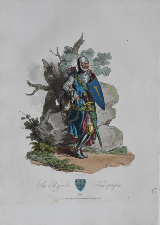 CH Smith - Sir Roger de Trumpington 1814: This hand-coloured aquatint is from Selections of the Ancient Costume of Great Britain and Ireland From the Seventh to the Sixteenth Century by Charles Hamilton Smith. Published in London by William B
