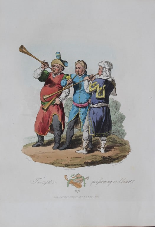 CH Smith - Trumpeters 1814: This hand-coloured aquatint is from Selections of the Ancient Costume of Great Britain and Ireland From the Seventh to the Sixteenth Century by Charles Hamilton Smith. Published in London by William B