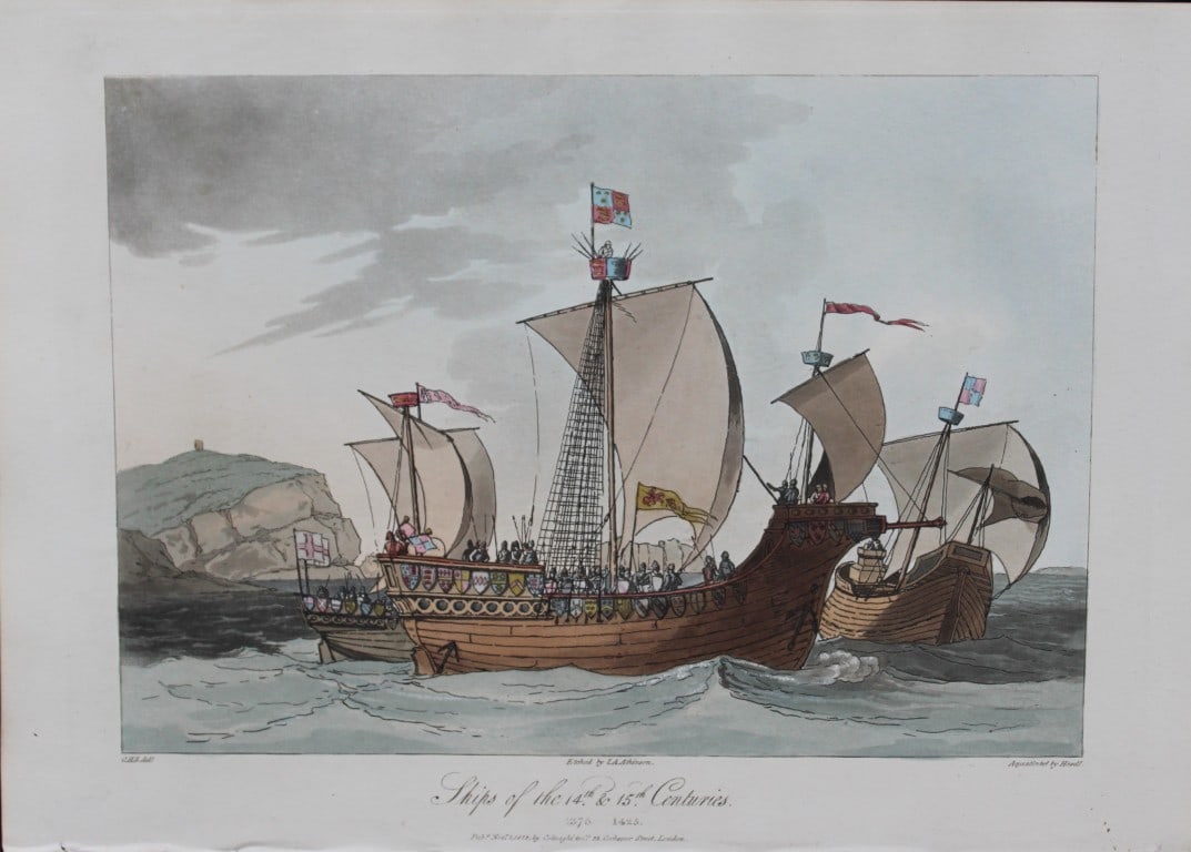 CH Smith - Ships of the 14th and 15th Centuries 1814: This hand-coloured aquatint is from Selections of the Ancient Costume of Great Britain and Ireland From the Seventh to the Sixteenth Century by Charles Hamilton Smith. Published in London by William B