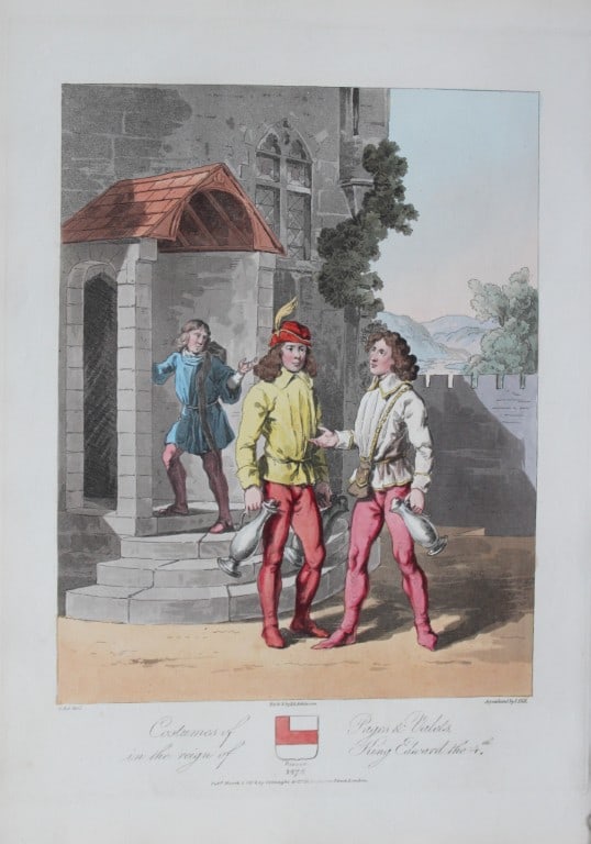 CH Smith - Pages and Valets in the Reign of Edward IV 1814: This hand-coloured aquatint is from Selections of the Ancient Costume of Great Britain and Ireland From the Seventh to the Sixteenth Century by Charles Hamilton Smith. Published in London by William B