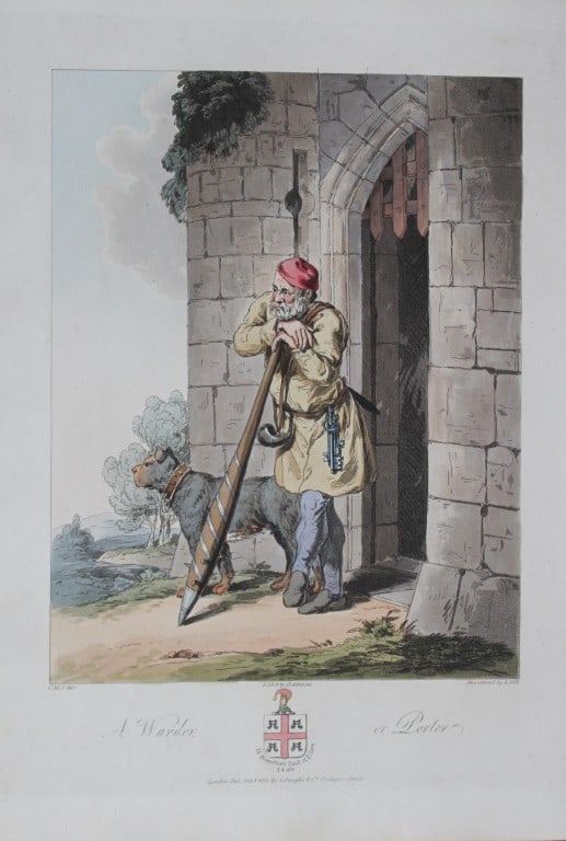 CH Smith - A Warder or Porter in 15th Century 1814: This hand-coloured aquatint is from Selections of the Ancient Costume of Great Britain and Ireland From the Seventh to the Sixteenth Century by Charles Hamilton Smith. Published in London by William B