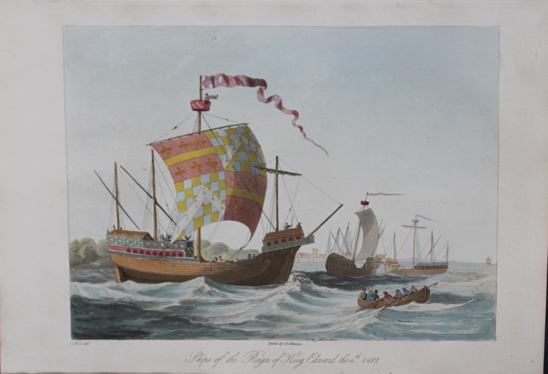CH Smith - Ships of the Reign of Edward IV 1814: This hand-coloured aquatint is from Selections of the Ancient Costume of Great Britain and Ireland From the Seventh to the Sixteenth Century by Charles Hamilton Smith. Published in London by William B