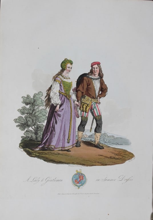 CH Smith - A Lady and Gentleman in 15th Century 1814: This hand-coloured aquatint is from Selections of the Ancient Costume of Great Britain and Ireland From the Seventh to the Sixteenth Century by Charles Hamilton Smith. Published in London by William B