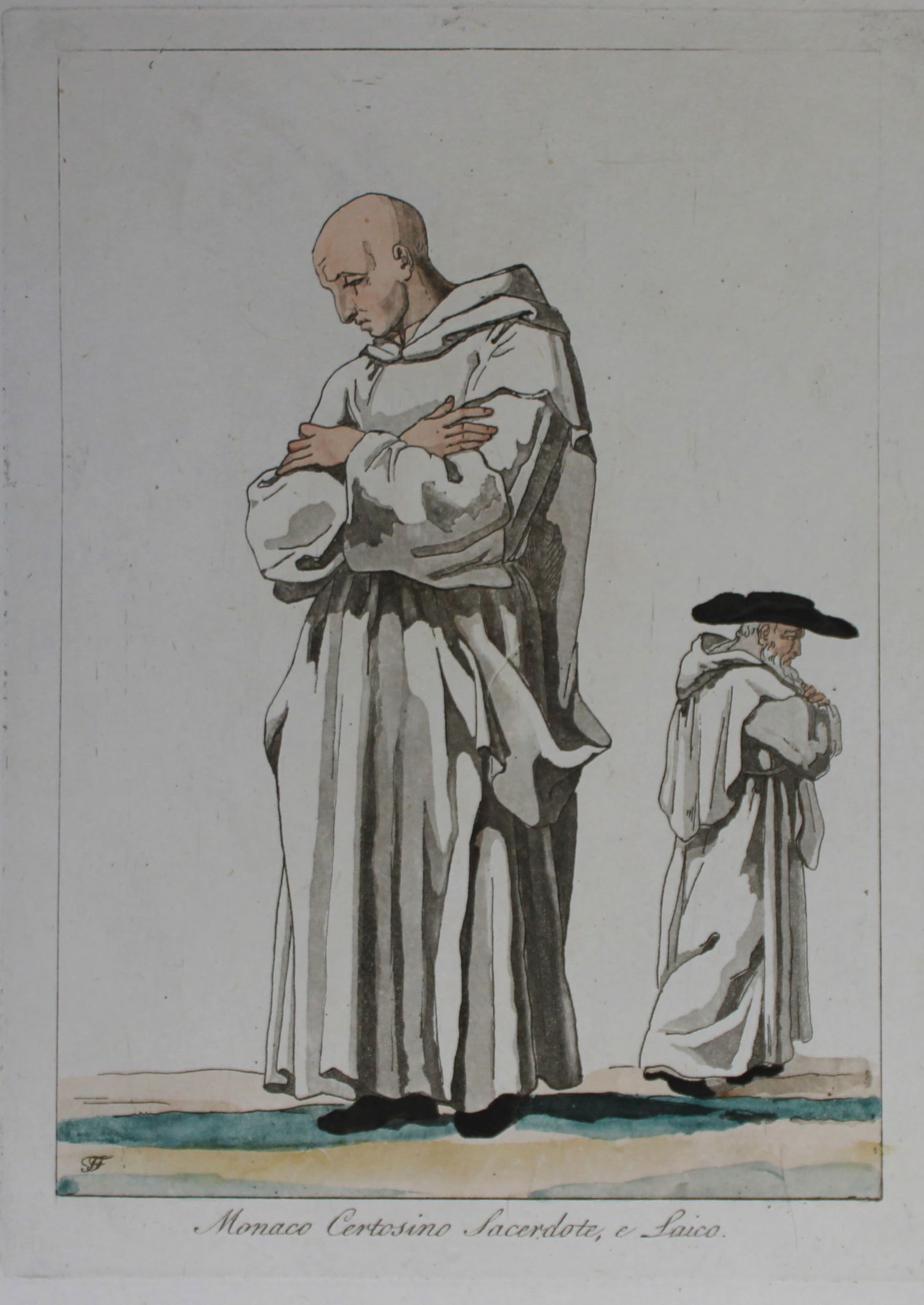 F Ferrari - Monaco Certosino Sacerdote e Laico 1823: These hand coloured engravings are from Costumi Ecclesiastici Civili e Militari della Corte di Roma by Filippo Ferrari. Published by Luigi Nicoletti, Rome 1823.They illustrate the costumes of the Papa