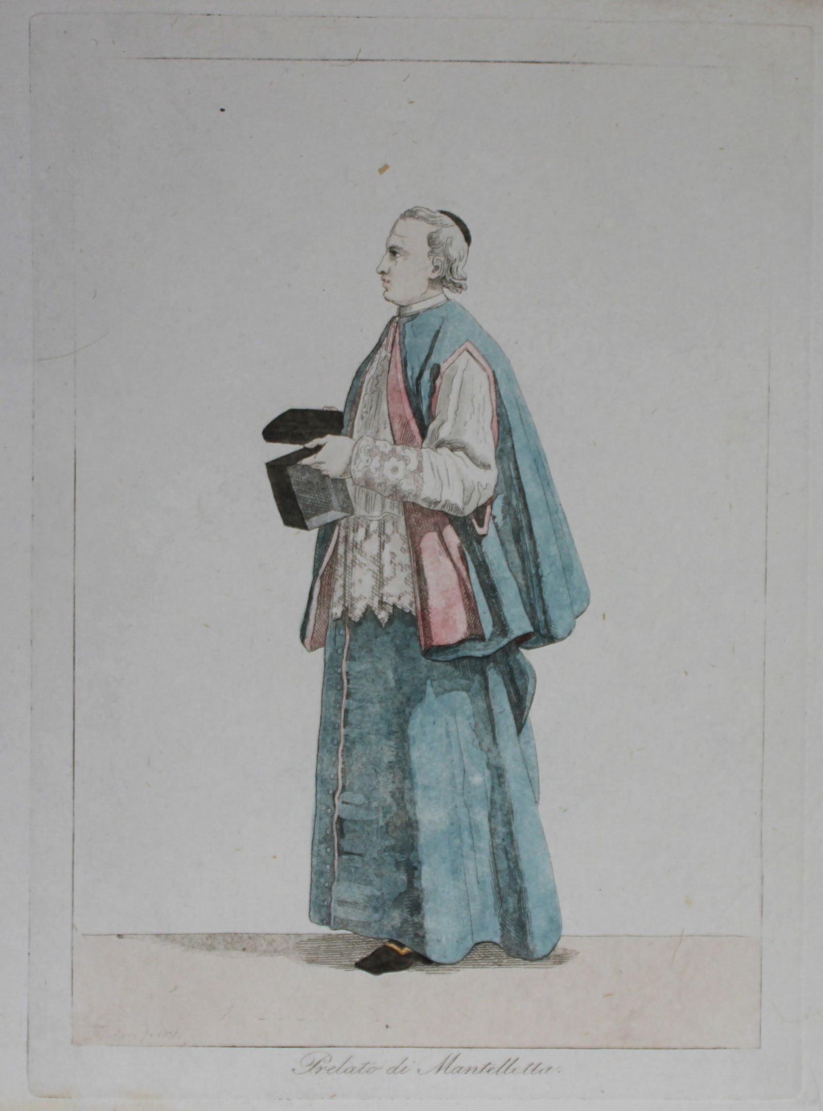 F Ferrari - Prelato di Mantelletta 1823: These hand coloured engravings are from Costumi Ecclesiastici Civili e Militari della Corte di Roma by Filippo Ferrari. Published by Luigi Nicoletti, Rome 1823.They illustrate the costumes of the Papa