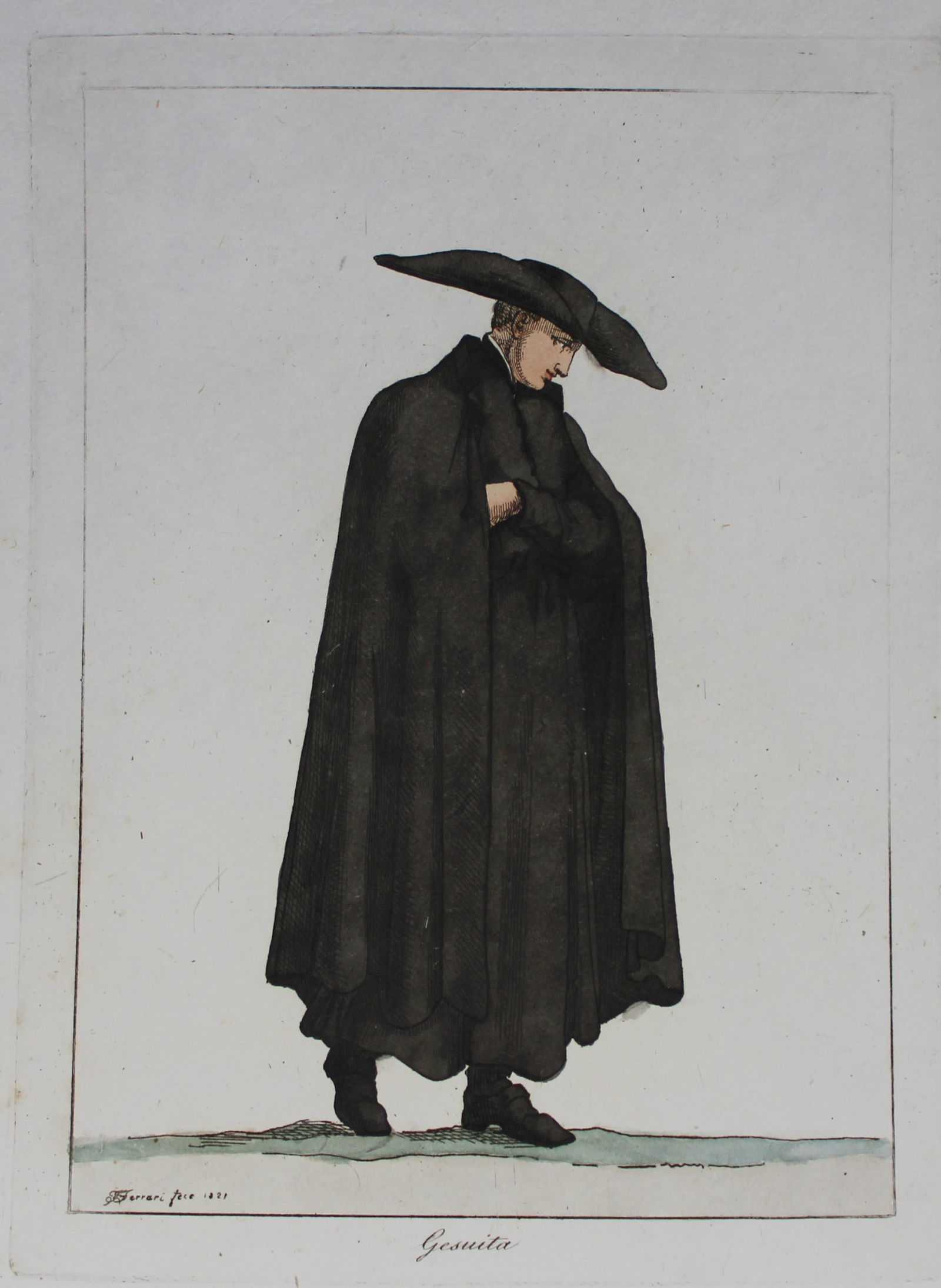 F Ferrari - Gesuita 1823: These hand coloured engravings are from Costumi Ecclesiastici Civili e Militari della Corte di Roma by Filippo Ferrari. Published by Luigi Nicoletti, Rome 1823.They illustrate the costumes of the Papa