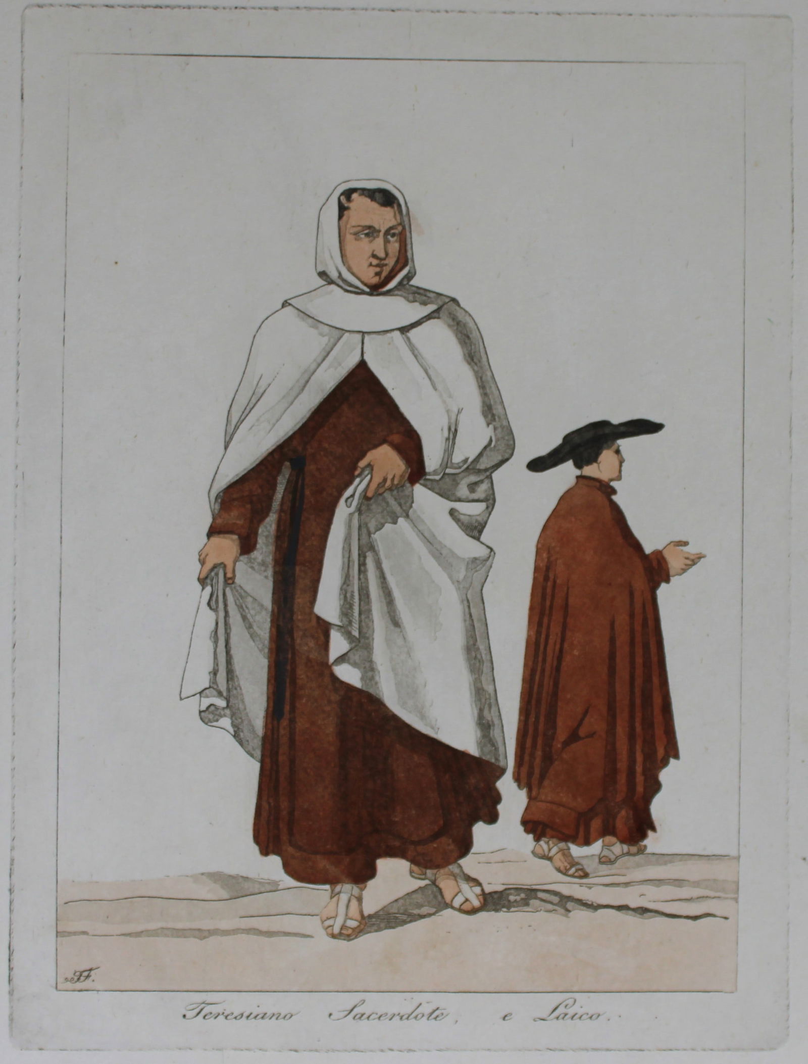 F Ferrari - Teresiano Sacerdote, e Laico 1823: These hand coloured engravings are from Costumi Ecclesiastici Civili e Militari della Corte di Roma by Filippo Ferrari. Published by Luigi Nicoletti, Rome 1823.They illustrate the costumes of the Papa