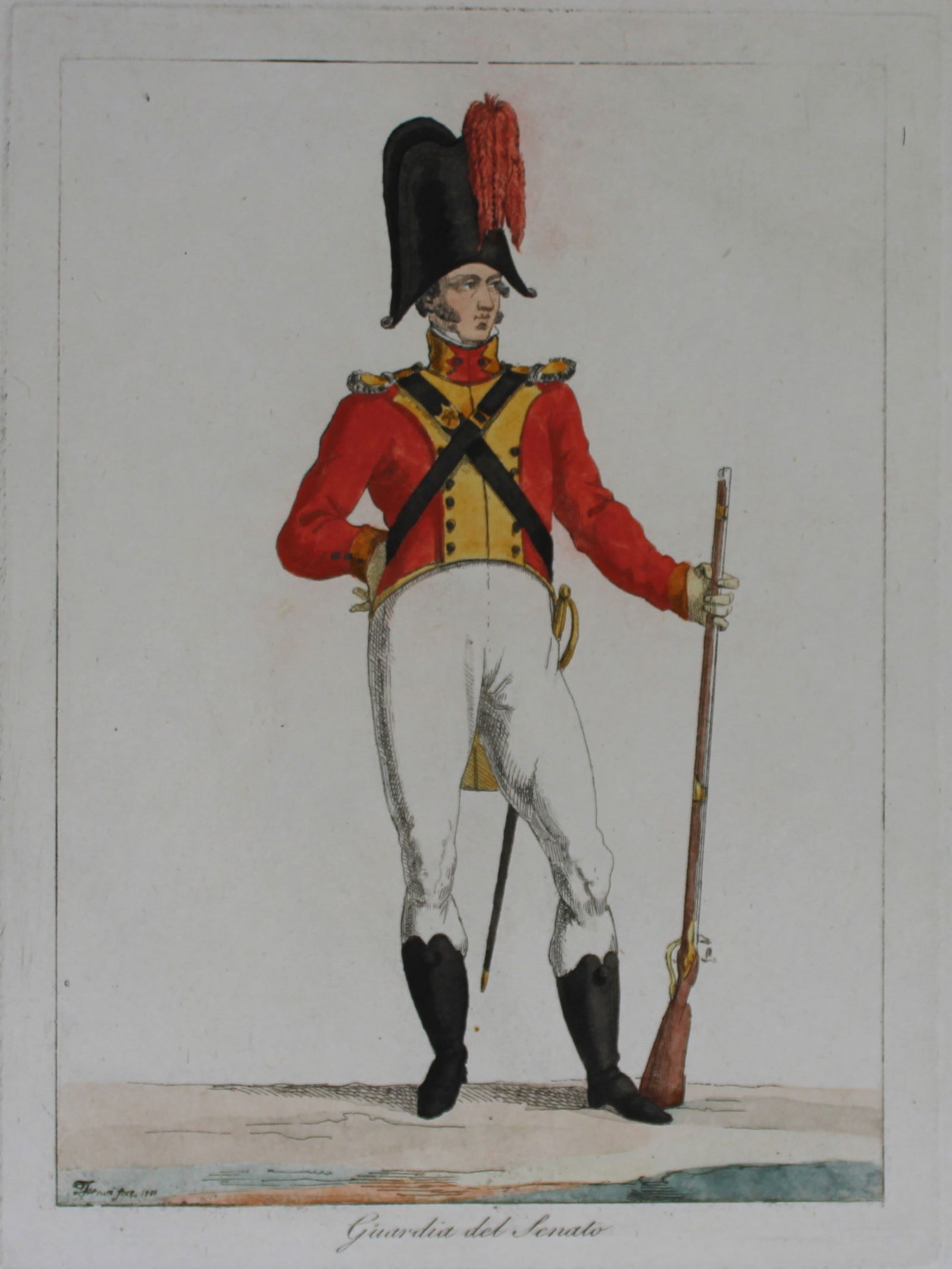 F Ferrari - Guardia del Senato 1823: These hand coloured engravings are from Costumi Ecclesiastici Civili e Militari della Corte di Roma by Filippo Ferrari. Published by Luigi Nicoletti, Rome 1823.They illustrate the costumes of the Papa