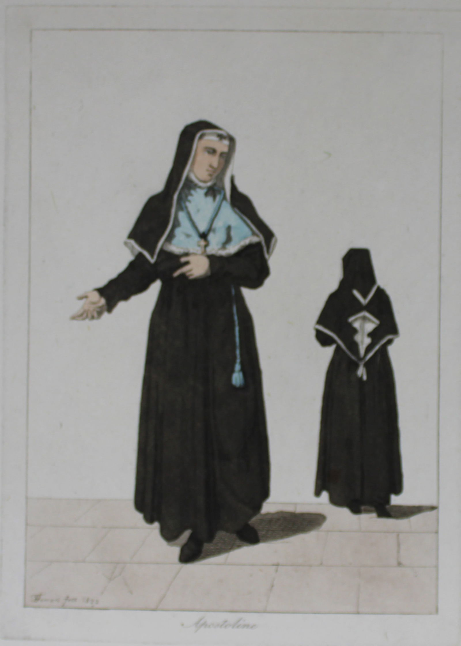 F Ferrari - Apostoline 1823: These hand coloured engravings are from Costumi Ecclesiastici Civili e Militari della Corte di Roma by Filippo Ferrari. Published by Luigi Nicoletti, Rome 1823.They illustrate the costumes of the Papa