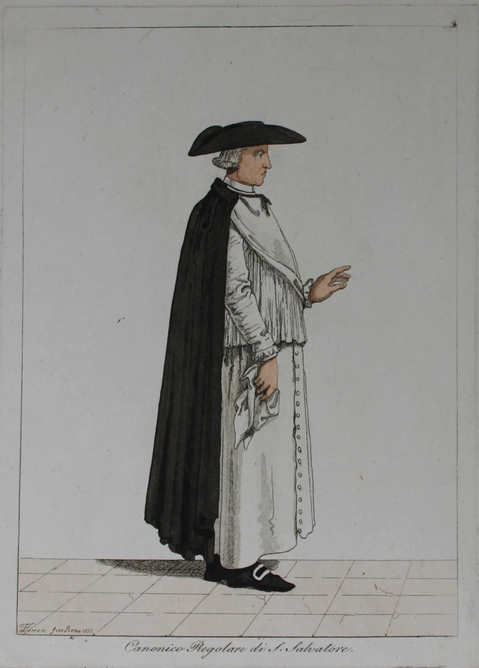 F Ferrari - Canonico Regolare di S. Salvatore 1823: These hand coloured engravings are from Costumi Ecclesiastici Civili e Militari della Corte di Roma by Filippo Ferrari. Published by Luigi Nicoletti, Rome 1823.They illustrate the costumes of the Papa
