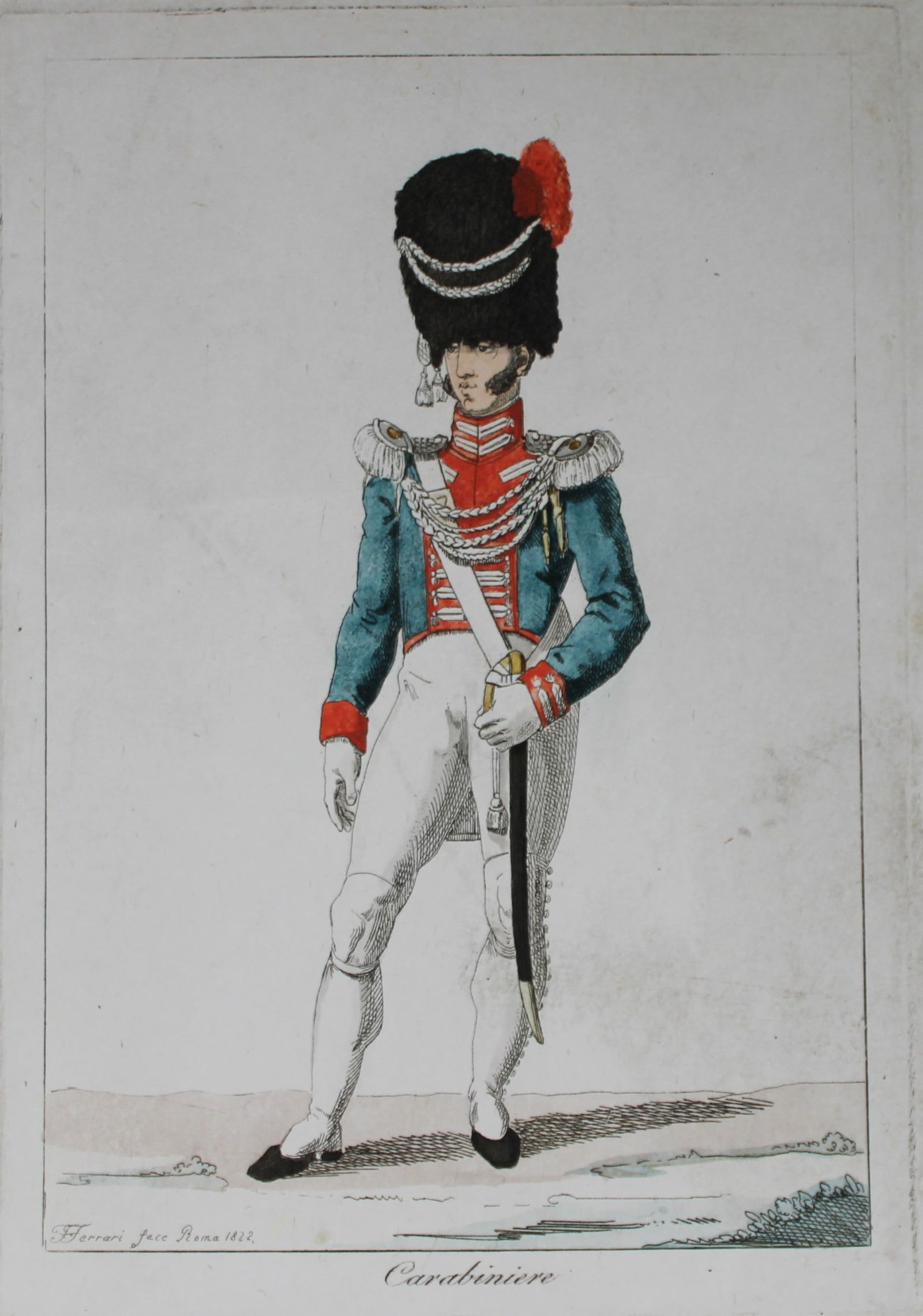 F Ferrari - Carabiniere 1823: These hand coloured engravings are from Costumi Ecclesiastici Civili e Militari della Corte di Roma by Filippo Ferrari. Published by Luigi Nicoletti, Rome 1823.They illustrate the costumes of the Papa