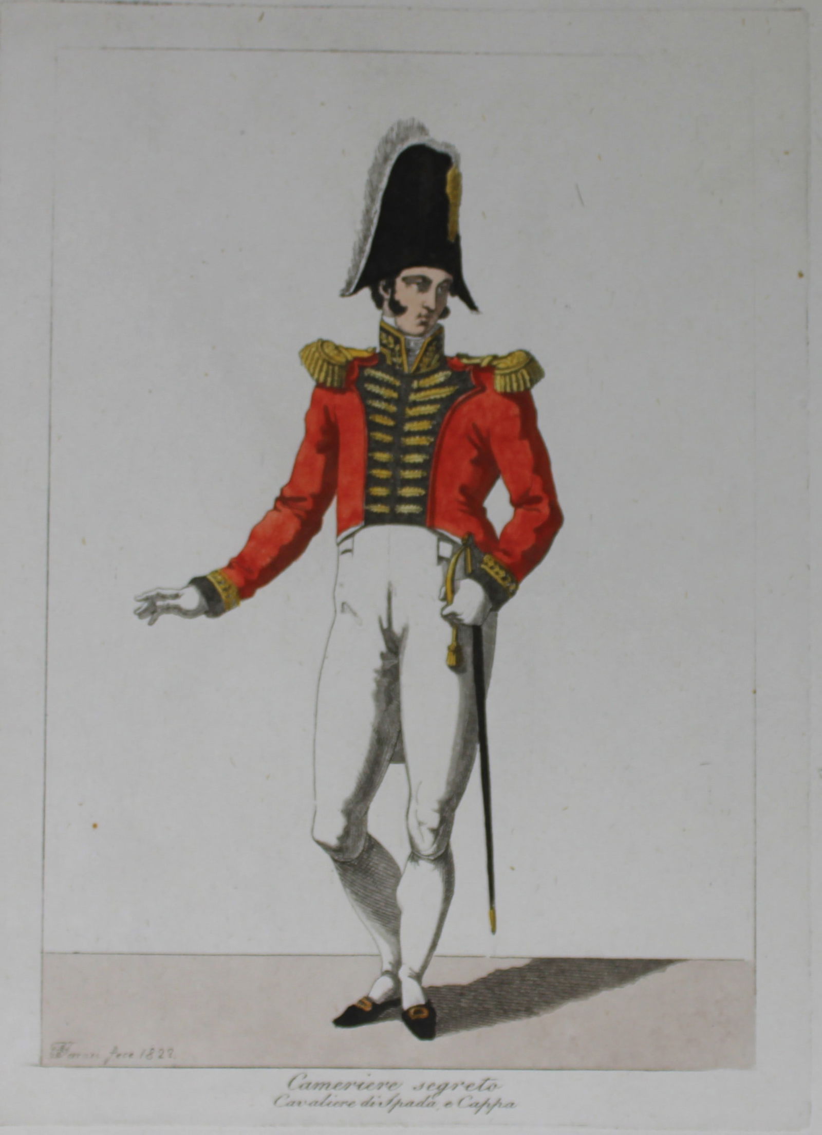 F Ferrari - Cameriere segreto Cavaliere di Spado e Cappa 1823: These hand coloured engravings are from Costumi Ecclesiastici Civili e Militari della Corte di Roma by Filippo Ferrari. Published by Luigi Nicoletti, Rome 1823.They illustrate the costumes of the Papa