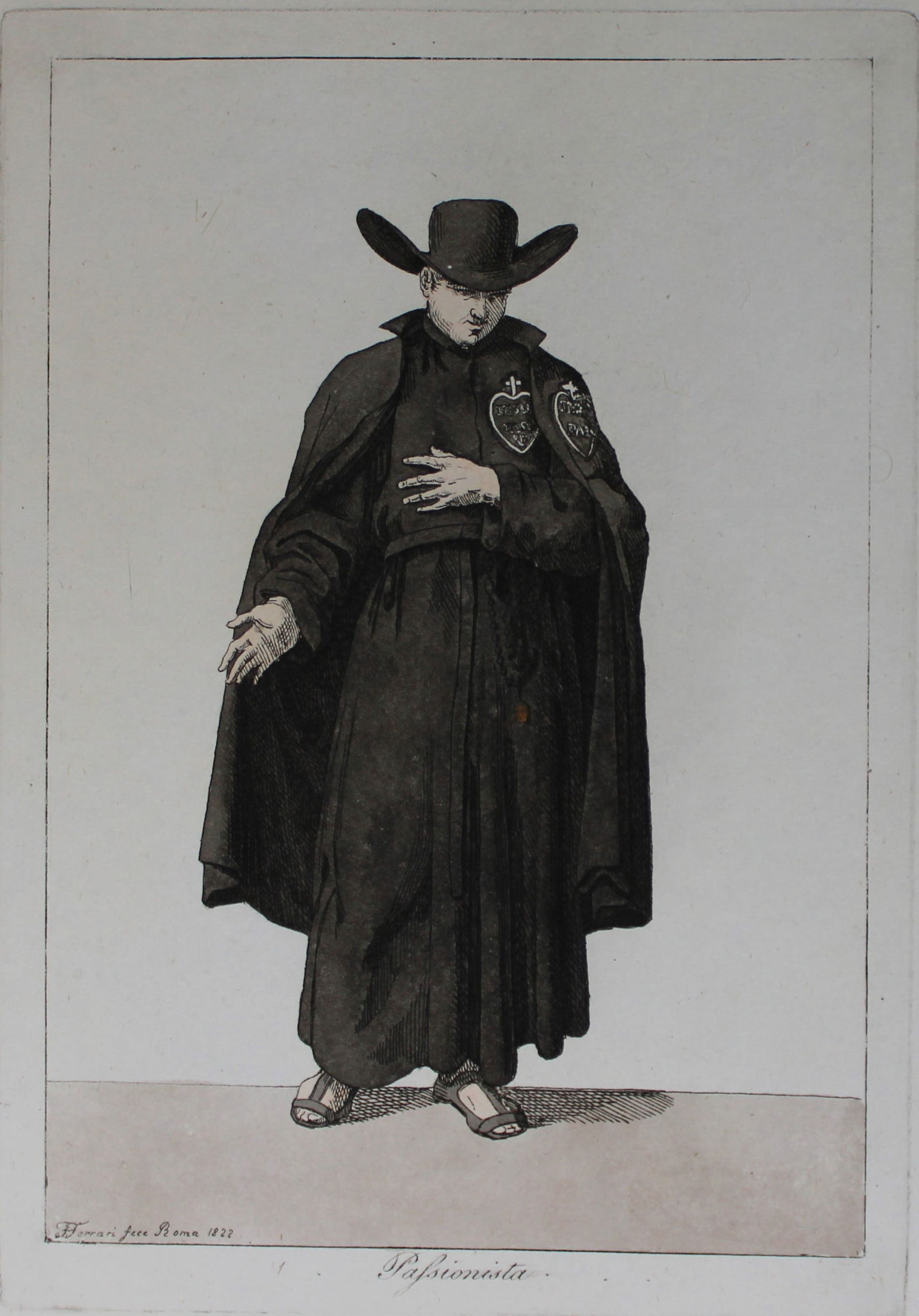 F Ferrari - Passionista 1823: These hand coloured engravings are from Costumi Ecclesiastici Civili e Militari della Corte di Roma by Filippo Ferrari. Published by Luigi Nicoletti, Rome 1823.They illustrate the costumes of the Papa