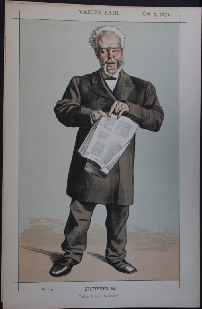 Alderman Andrew Lusk MP - Now I want to know by Coide 1871: This print was drawn by the French artist James Tissot (Coide and JTJ).Vanity Fair was subtitled A Weekly Show of Political, Social and Literary Wares and was founded by Thomas Gibson Bowles (who sign