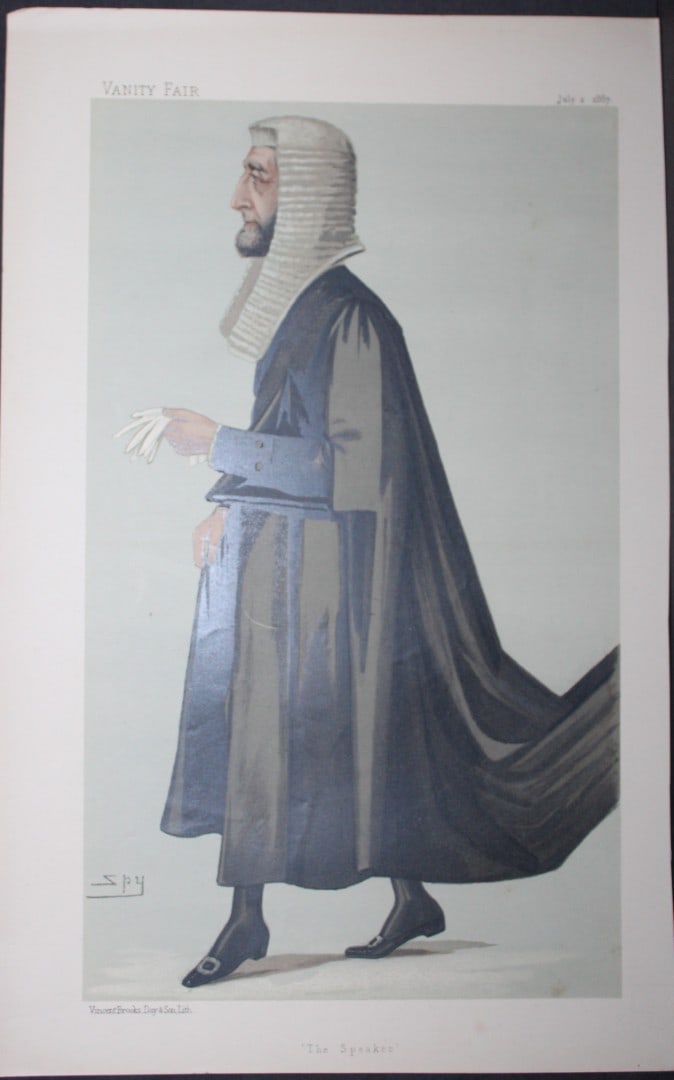Rt Hon Arthur Peel PC MP - The Speaker by Spy 1887: This print was drawn by the British artist Sir Leslie Ward (Spy).Vanity Fair was subtitled A Weekly Show of Political, Social and Literary Wares and was founded by Thomas Gibson Bowles (who signed his