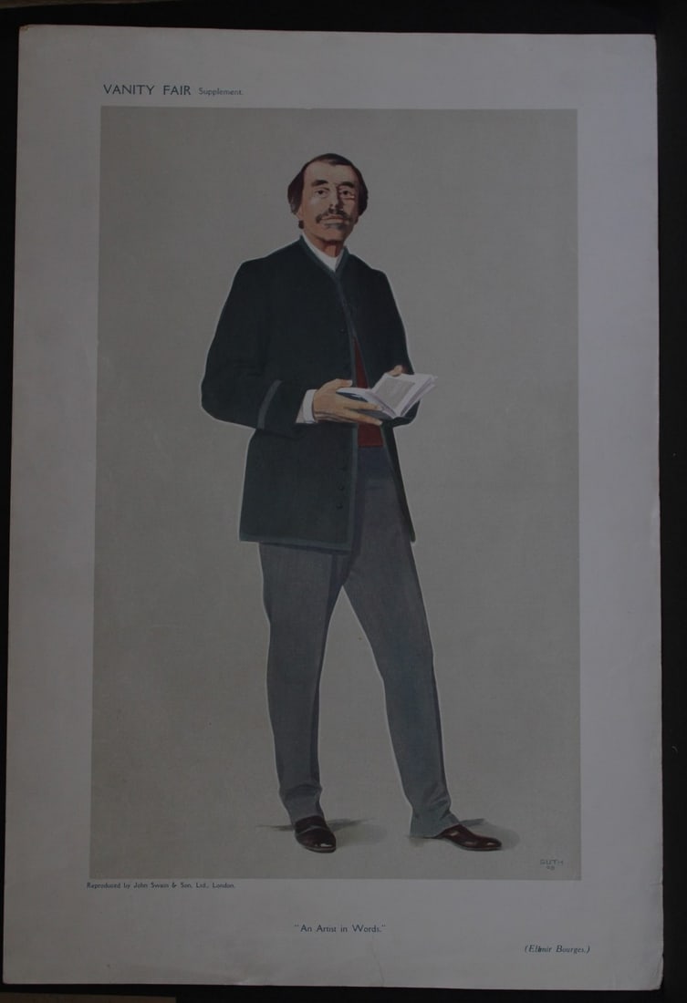 Elemir Bourges - An Artist in Words by GUTH 1908: This print was drawn by the French artist Jean Baptiste Guth (GUTH).Vanity Fair was subtitled A Weekly Show of Political, Social and Literary Wares and was founded by Thomas Gibson Bowles (who signed