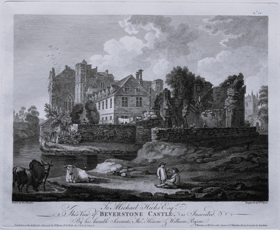 Thomas Hearne - Beverstone Castle, Gloucestershire 1786: This antique copper engraving was published in The Antiquities of Great Britain, illustrated in Views of Monasteries, Castles, and Churches now existing. Printed by James Phillips, London and publishe