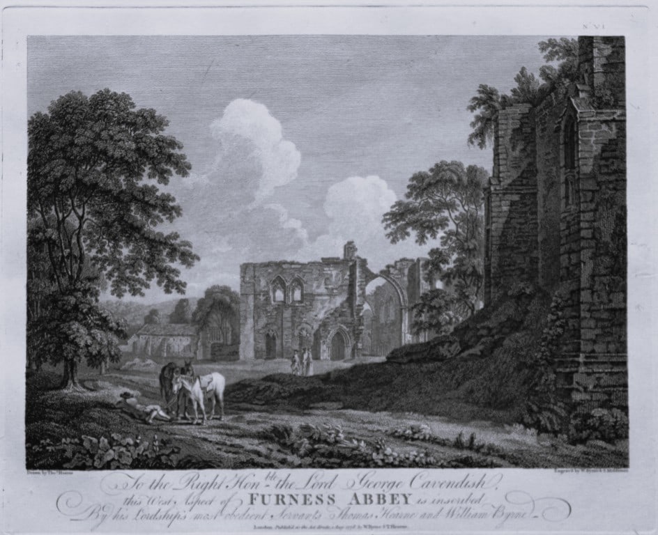 Thomas Hearne - Furness Abbey West Front Lancashire 1786: This antique copper engraving was published in The Antiquities of Great Britain, illustrated in Views of Monasteries, Castles, and Churches now existing. Printed by James Phillips, London and publishe