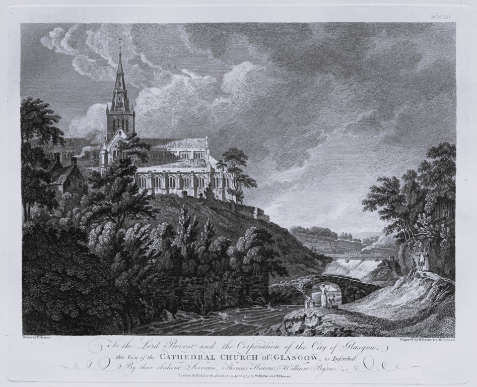Thomas Hearne - Cathedral Church at Glasgow 1786: This antique copper engraving was published in The Antiquities of Great Britain, illustrated in Views of Monasteries, Castles, and Churches now existing. Printed by James Phillips, London and publishe