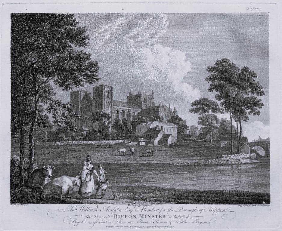 Thomas Hearne - Rippon Minster Yorkshire 1786: This antique copper engraving was published in The Antiquities of Great Britain, illustrated in Views of Monasteries, Castles, and Churches now existing. Printed by James Phillips, London and publishe