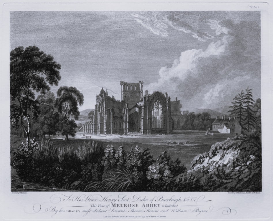 Thomas Hearne - Melrose Abbey Roxburghshire 1786: This antique copper engraving was published in The Antiquities of Great Britain, illustrated in Views of Monasteries, Castles, and Churches now existing. Printed by James Phillips, London and publishe