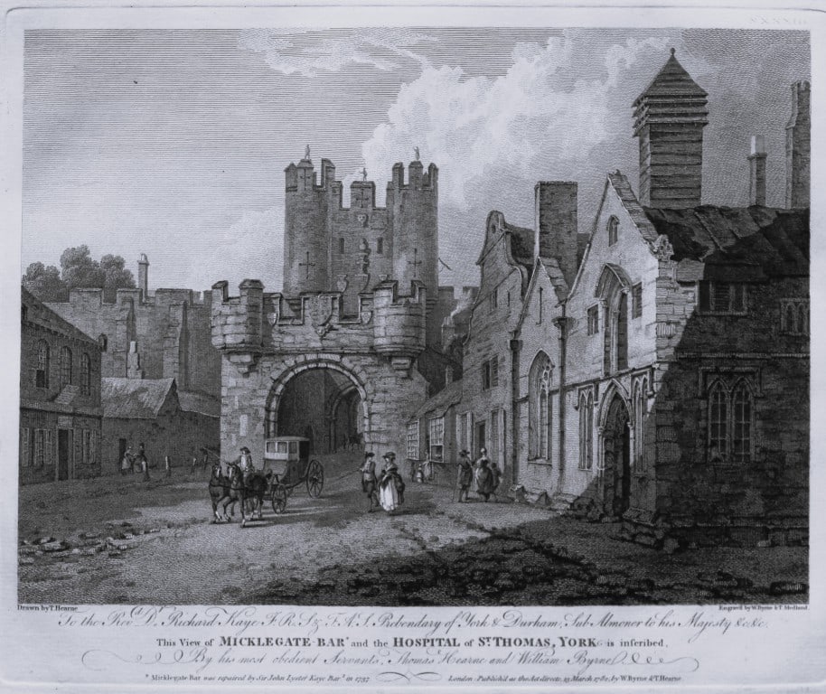 Thomas Hearne - Mickle-gate Bar and the Hospital of St. Thomas York 1786: This antique copper engraving was published in The Antiquities of Great Britain, illustrated in Views of Monasteries, Castles, and Churches now existing. Printed by James Phillips, London and publishe