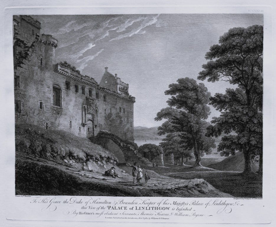 Thomas Hearne - Linlithgow Palace West Lothian 1786: This antique copper engraving was published in The Antiquities of Great Britain, illustrated in Views of Monasteries, Castles, and Churches now existing. Printed by James Phillips, London and publishe