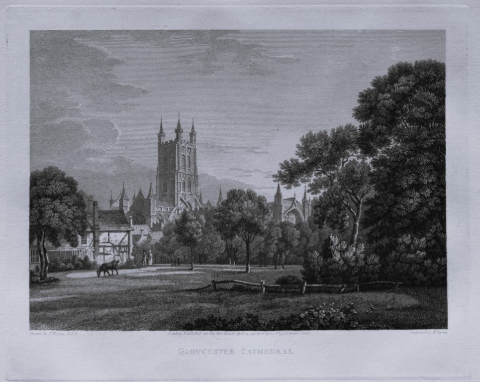 Thomas Hearne - Gloucester Cathedral 1786: This antique copper engraving was published in The Antiquities of Great Britain, illustrated in Views of Monasteries, Castles, and Churches now existing. Printed by James Phillips, London and publishe