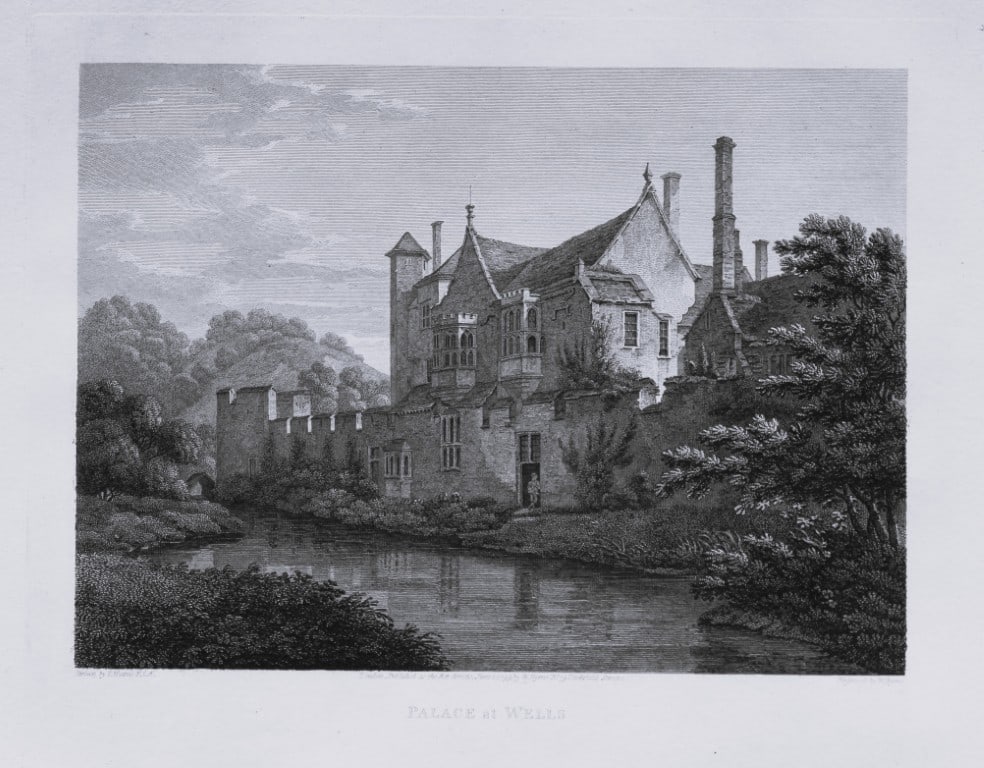 Thomas Hearne - Episcopal Palace, Wells, Somerset 1786: This antique copper engraving was published in The Antiquities of Great Britain, illustrated in Views of Monasteries, Castles, and Churches now existing. Printed by James Phillips, London and publishe