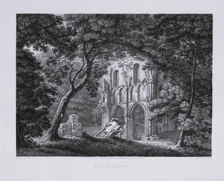 Thomas Hearne - Roch Abbey, Yorkshire 1786: This antique copper engraving was published in The Antiquities of Great Britain, illustrated in Views of Monasteries, Castles, and Churches now existing. Printed by James Phillips, London and publishe