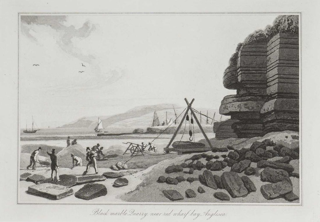 W Daniell - Marble Quarry, Anglesea c1820: This engraving is from A Voyage Round Great Britain by William Daniell. Printed by Longman, Hurst, Rees, Orme and Brown, London, 1814-25.The engravings in this work were drawn Daniell and engraved by