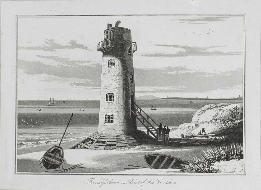W Daniell - Point Air Lighthouse, Flintshire c1820: This engraving is from A Voyage Round Great Britain by William Daniell. Printed by Longman, Hurst, Rees, Orme and Brown, London, 1814-25.The engravings in this work were drawn Daniell and engraved by