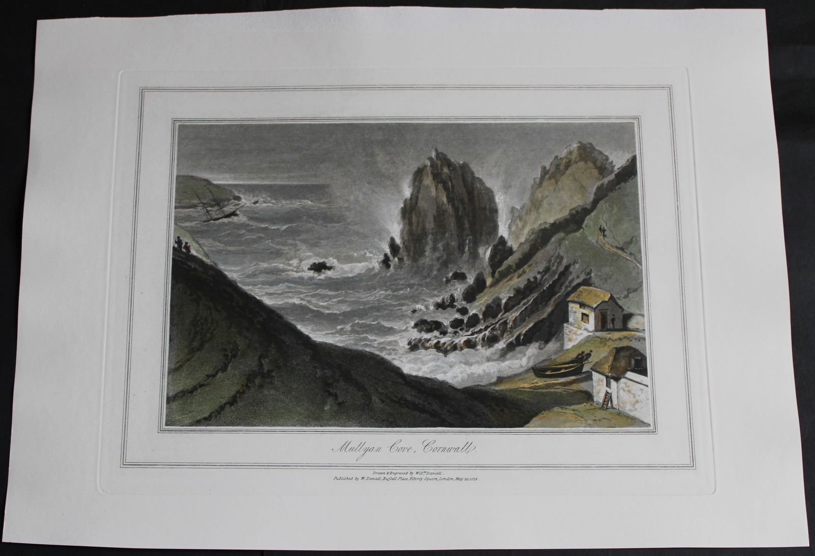 W Daniell - Mullyan Cove Cornwall c1820: This engraving is from A Voyage Round Great Britain by William Daniell. Printed by Longman, Hurst, Rees, Orme and Brown, London, 1814-25. Hand-coloured aquatint from this work were drawn Daniell and e