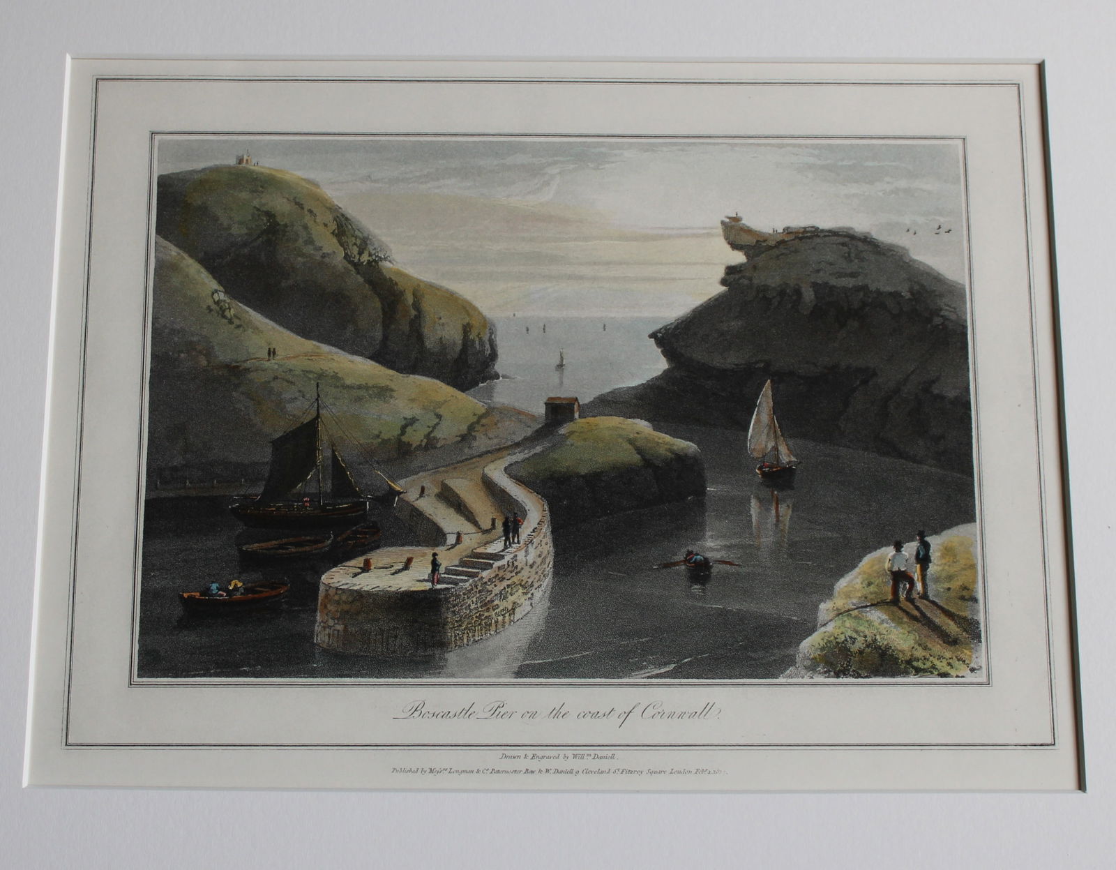 W Daniell - Boscastle Pier Cornwall c1820: This engraving is from A Voyage Round Great Britain by William Daniell. Printed by Longman, Hurst, Rees, Orme and Brown, London, 1814-25.Hand-coloured aquatint from this work were drawn Daniell and en