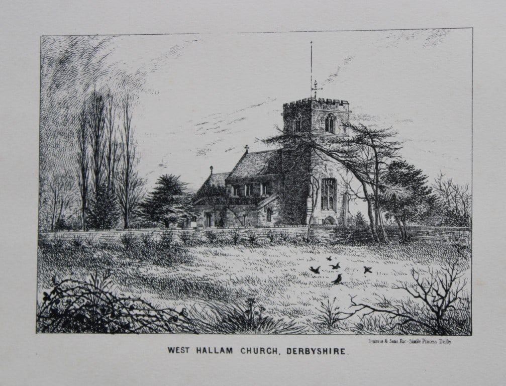 Bemrose - West Hallam Church, Derbyshire 1868: These prints of castles,stately homes etc were produced by Bemrose and Sons of Derby 1868.Size: approx. 11in x 8in (28cm x 20cm) in mount