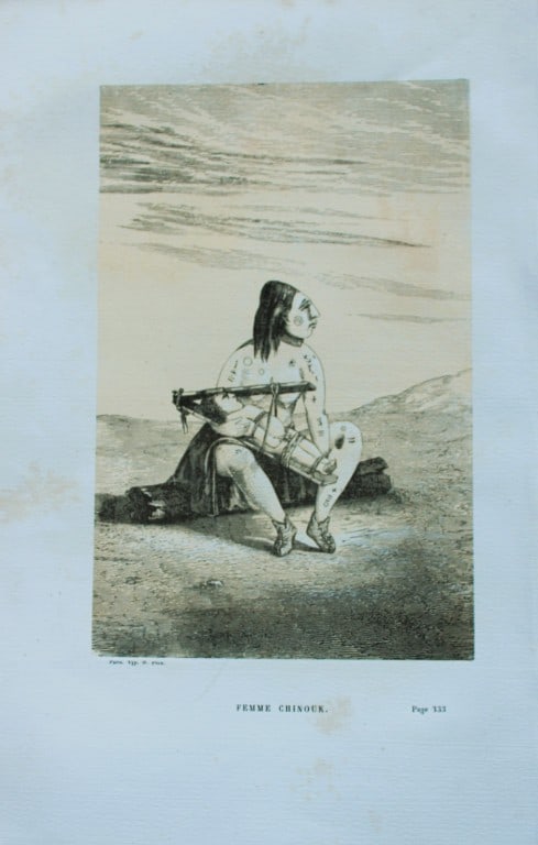 Abbe E Domenech - Female Chinook 1860: This wood-engraved plate is from Voyage Pittoresque Dans Les Grands D?serts Du Nouveau Monde by Abbe Emmanual Domenech. Published by Morizot, Paris 1860.Domenech was a missionary in Texas and Mexico a
