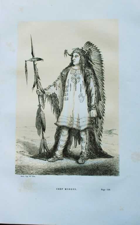 Abbe E Domenech - Mandan Chief 1860: This wood-engraved plate is from Voyage Pittoresque Dans Les Grands D?serts Du Nouveau Monde by Abbe Emmanual Domenech. Published by Morizot, Paris 1860.Domenech was a missionary in Texas and Mexico a